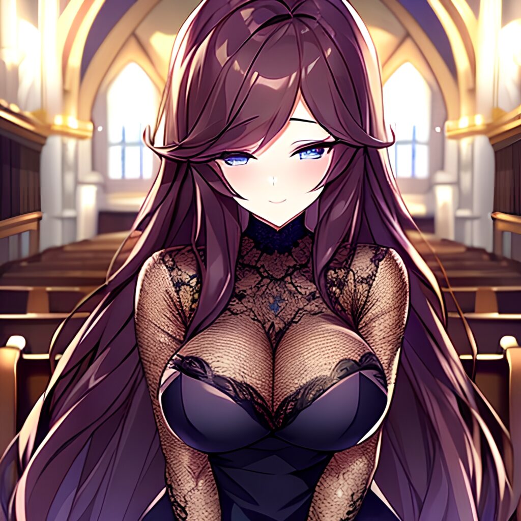 church woman brunette fishnet long hair messy hair 