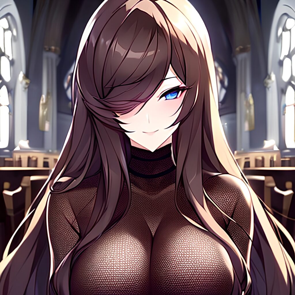 church woman brunette fishnet long hair messy hair 