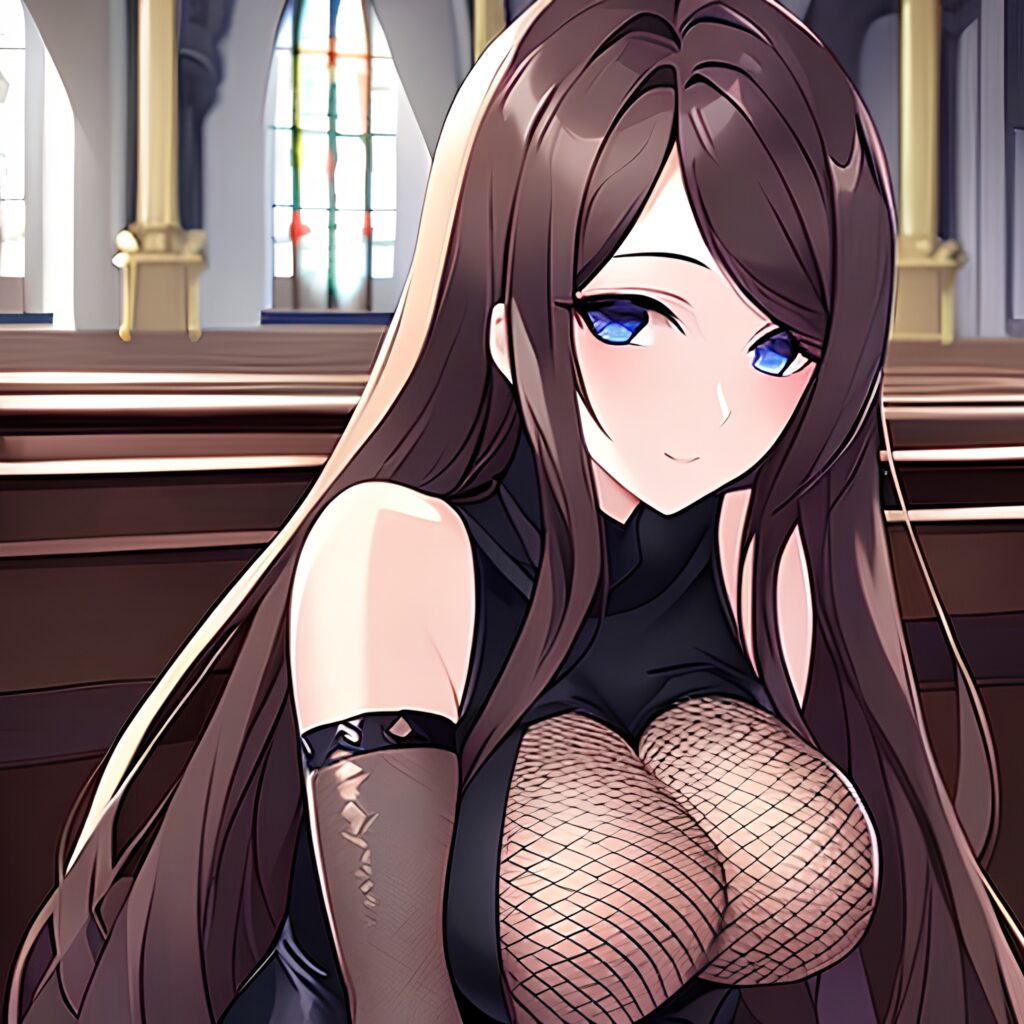 church woman brunette fishnet messy hair long hair 