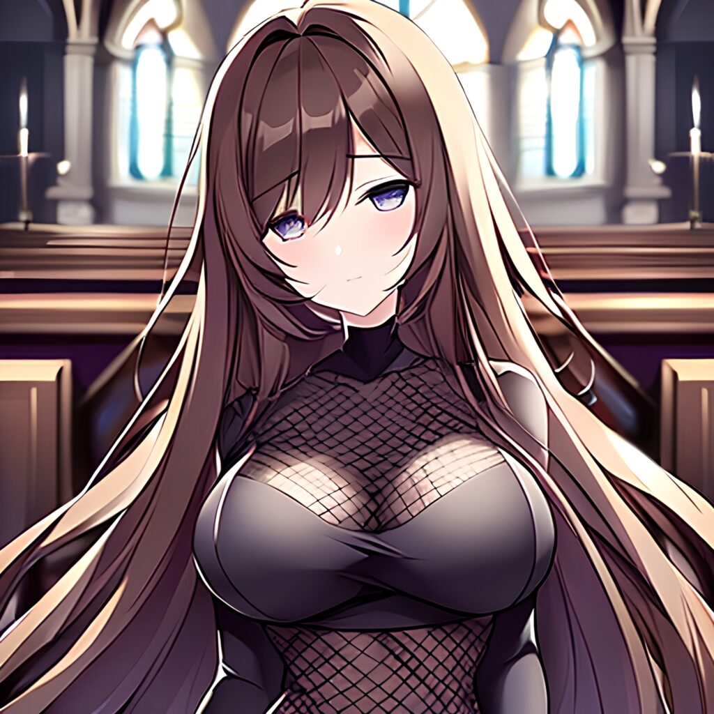 church woman brunette fishnet messy hair long hair 