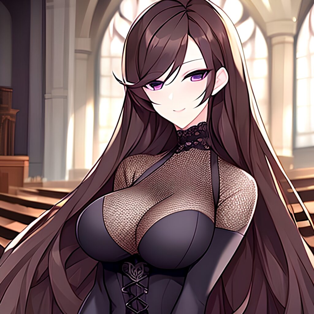 church woman brunette fishnet messy hair long hair 