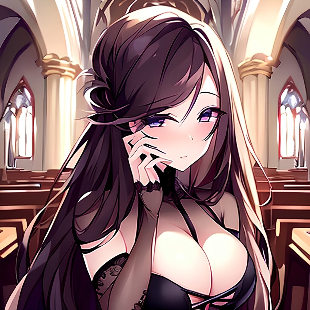 church woman brunette fishnet messy hair long hair 