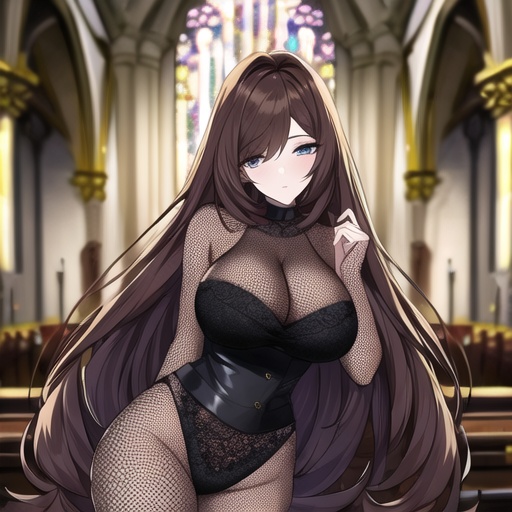 church woman brunette fishnet messy hair long hair 