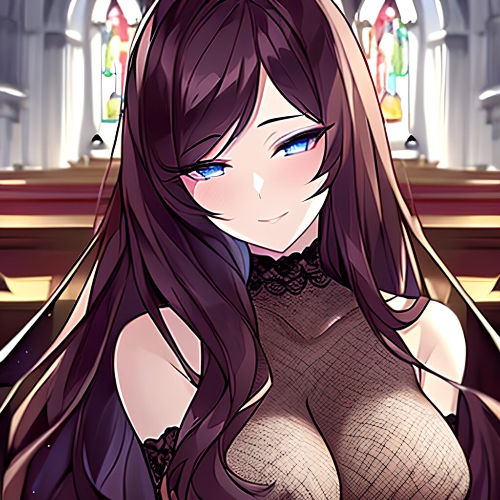 church woman brunette fishnet messy hair long hair 