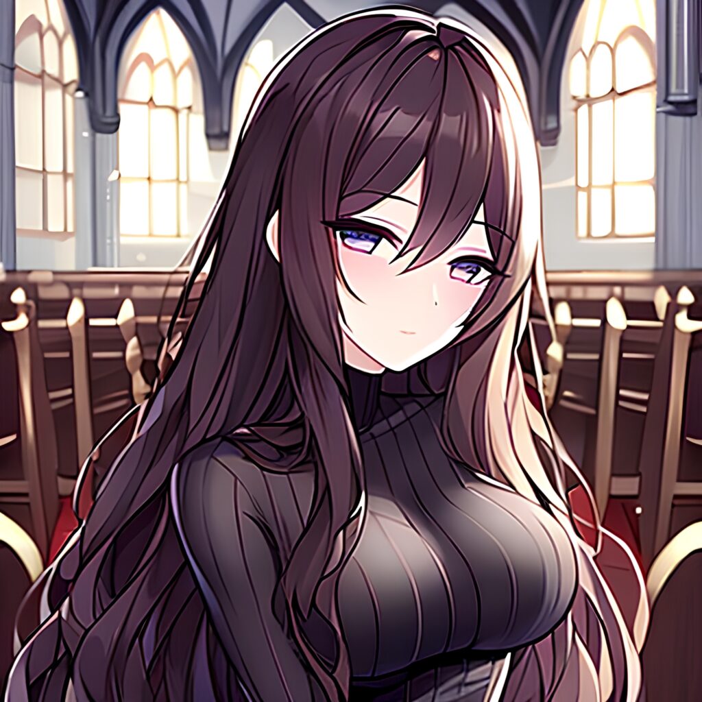 church woman brunette fishnet messy hair long hair 