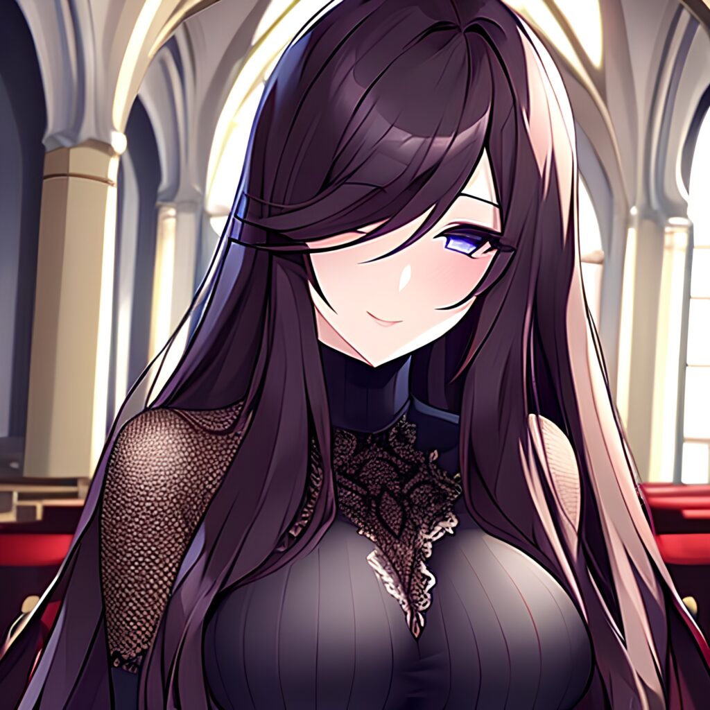 church woman brunette long hair fishnet messy hair 