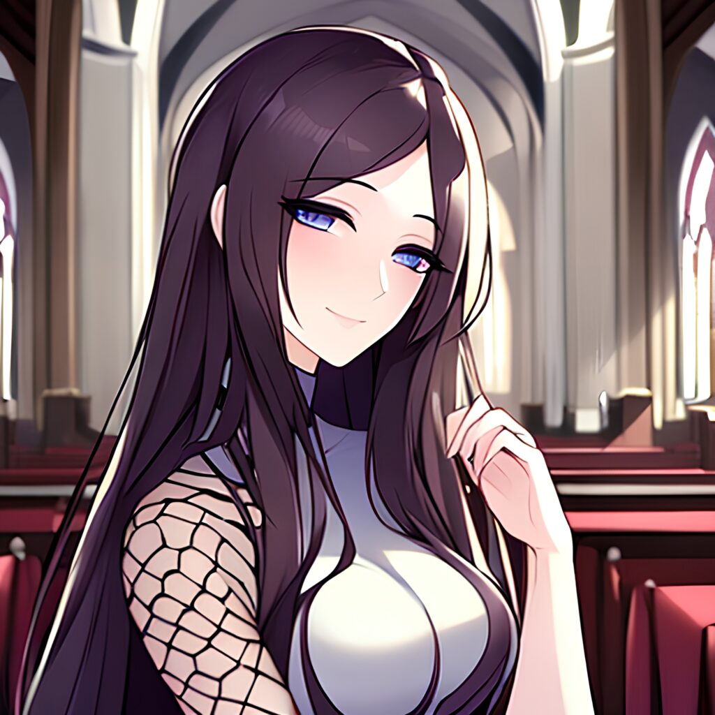 church woman brunette long hair fishnet messy hair 