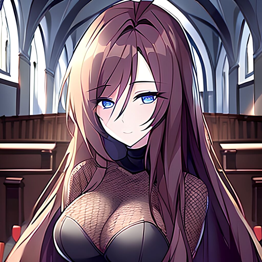 church woman brunette long hair messy hair fishnet 