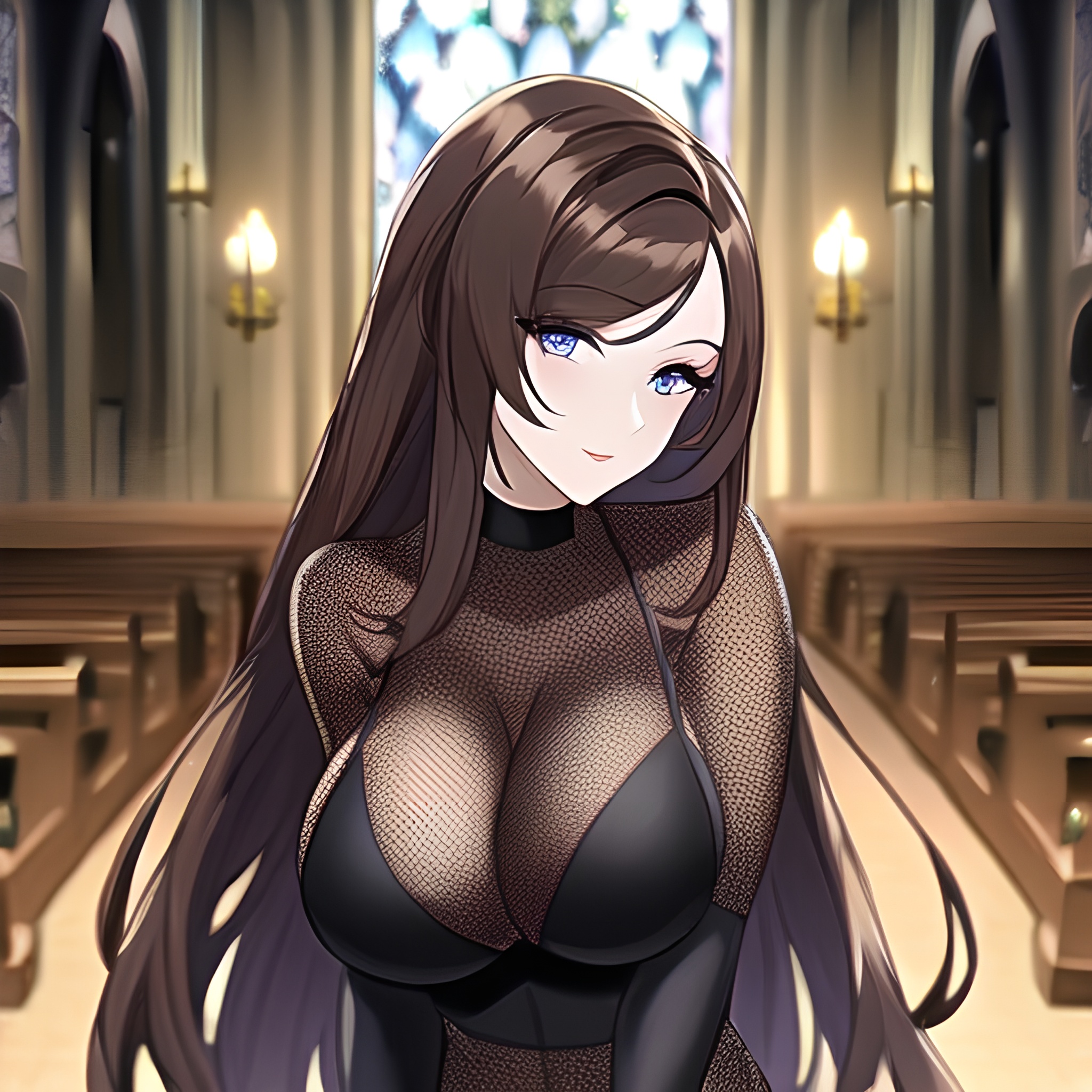 church woman brunette long hair messy hair fishnet 