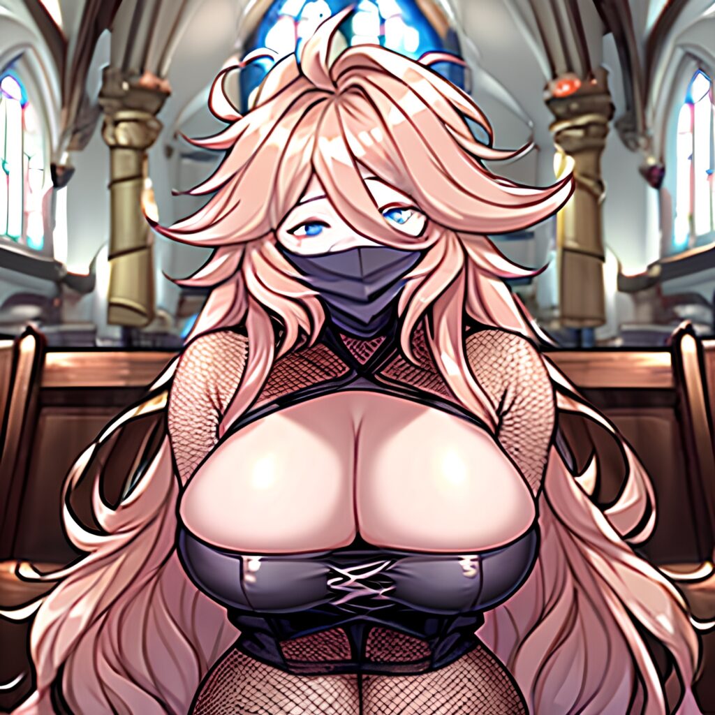 church woman brunette long hair messy hair fishnet 