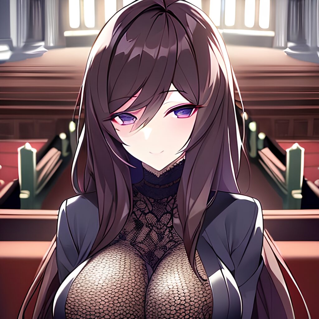 church woman brunette long hair messy hair fishnet 