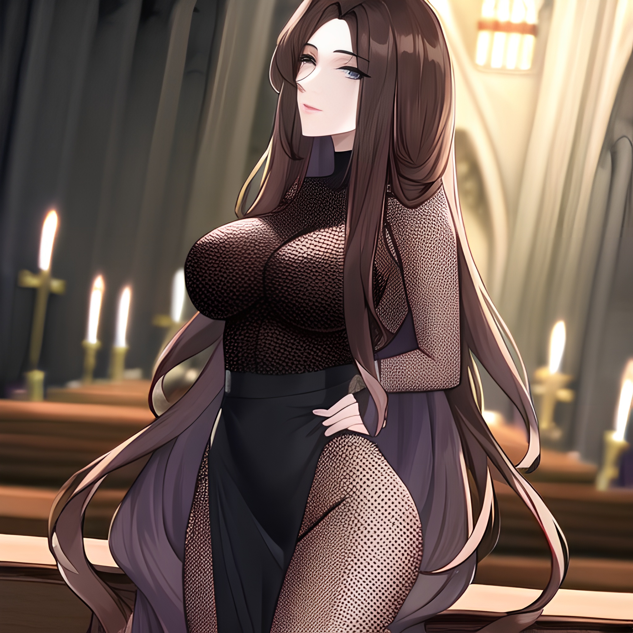 church woman brunette long hair messy hair fishnet 