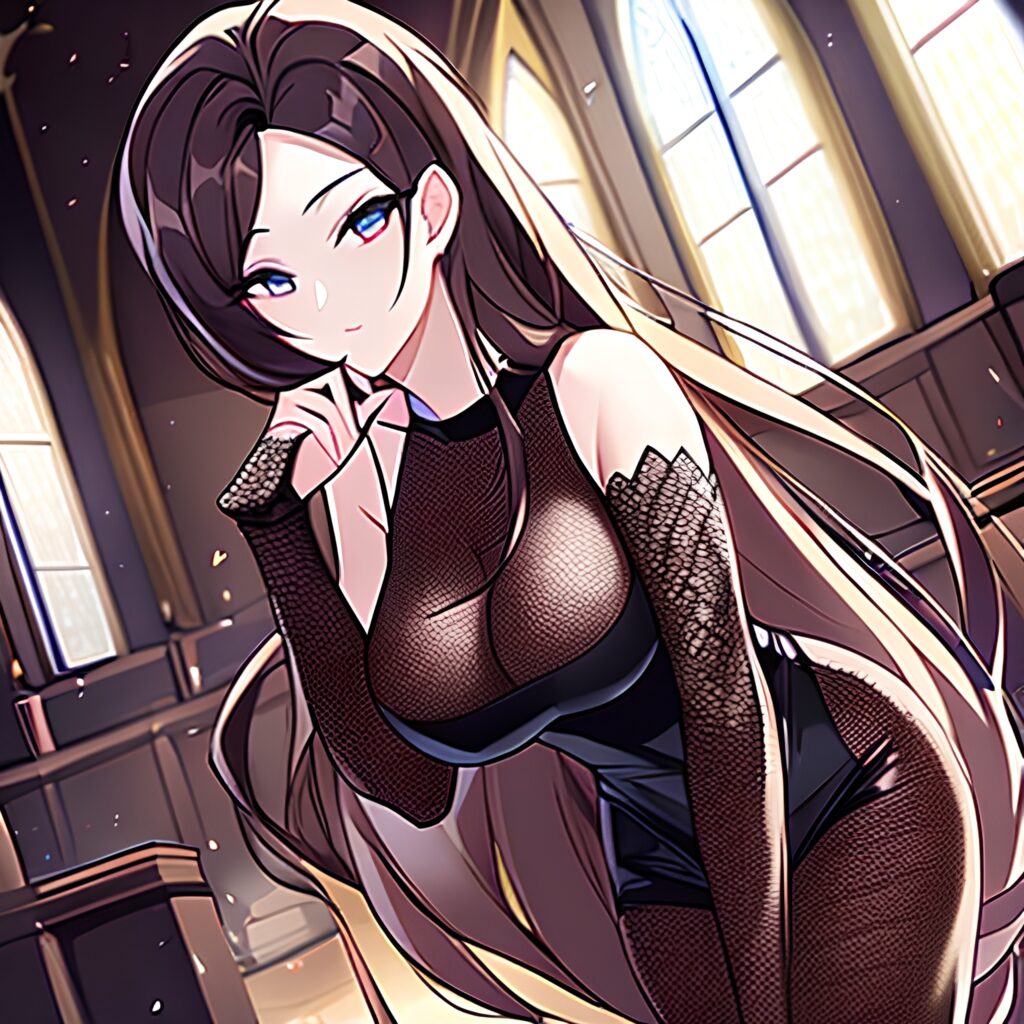 church woman brunette long hair messy hair fishnet 