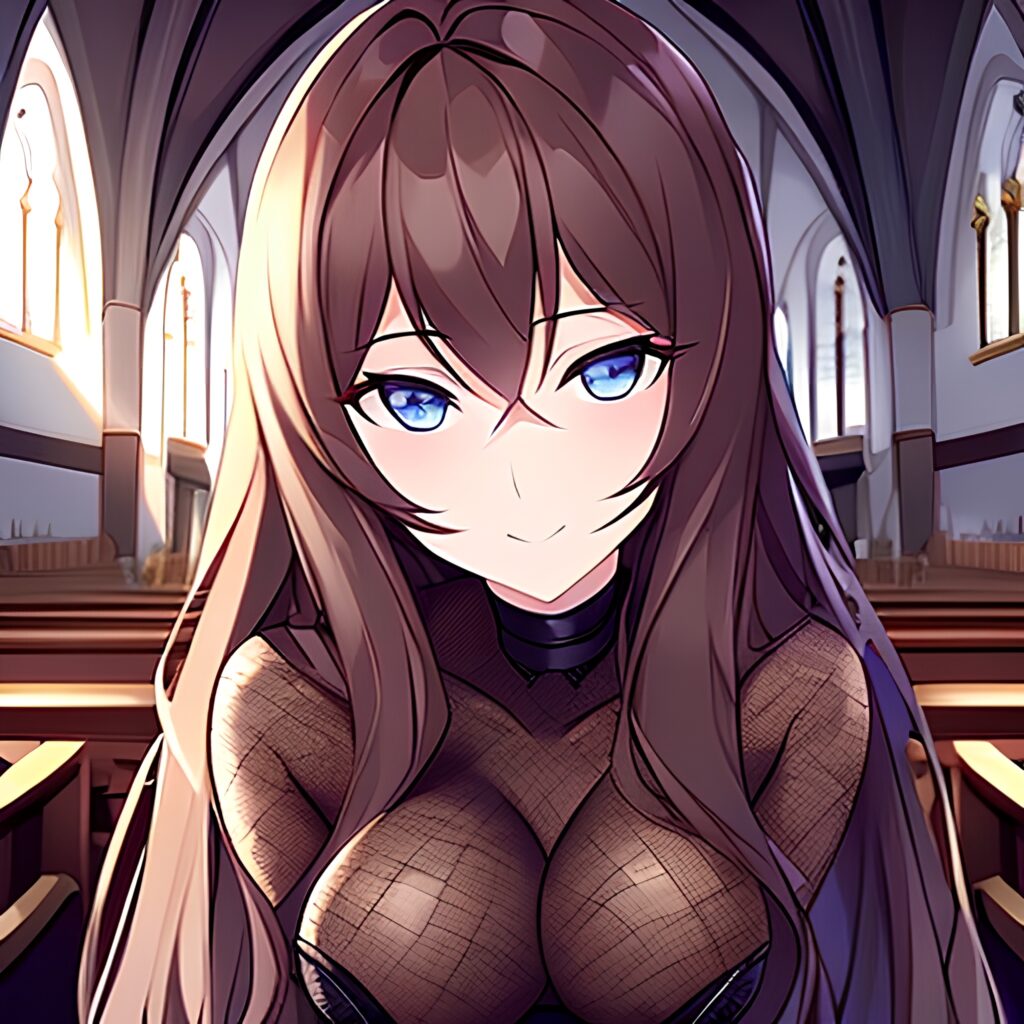 church woman brunette long hair messy hair fishnet 