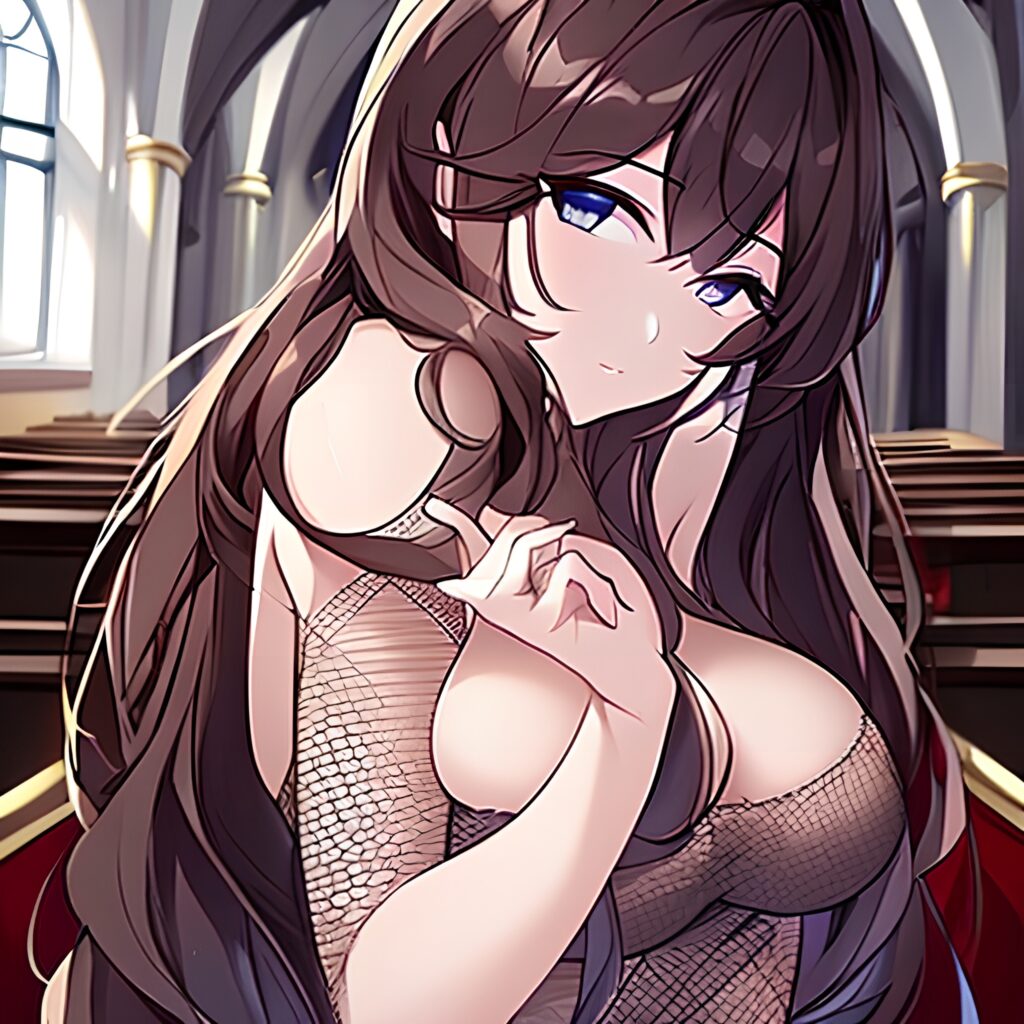 church woman brunette messy hair fishnet long hair 