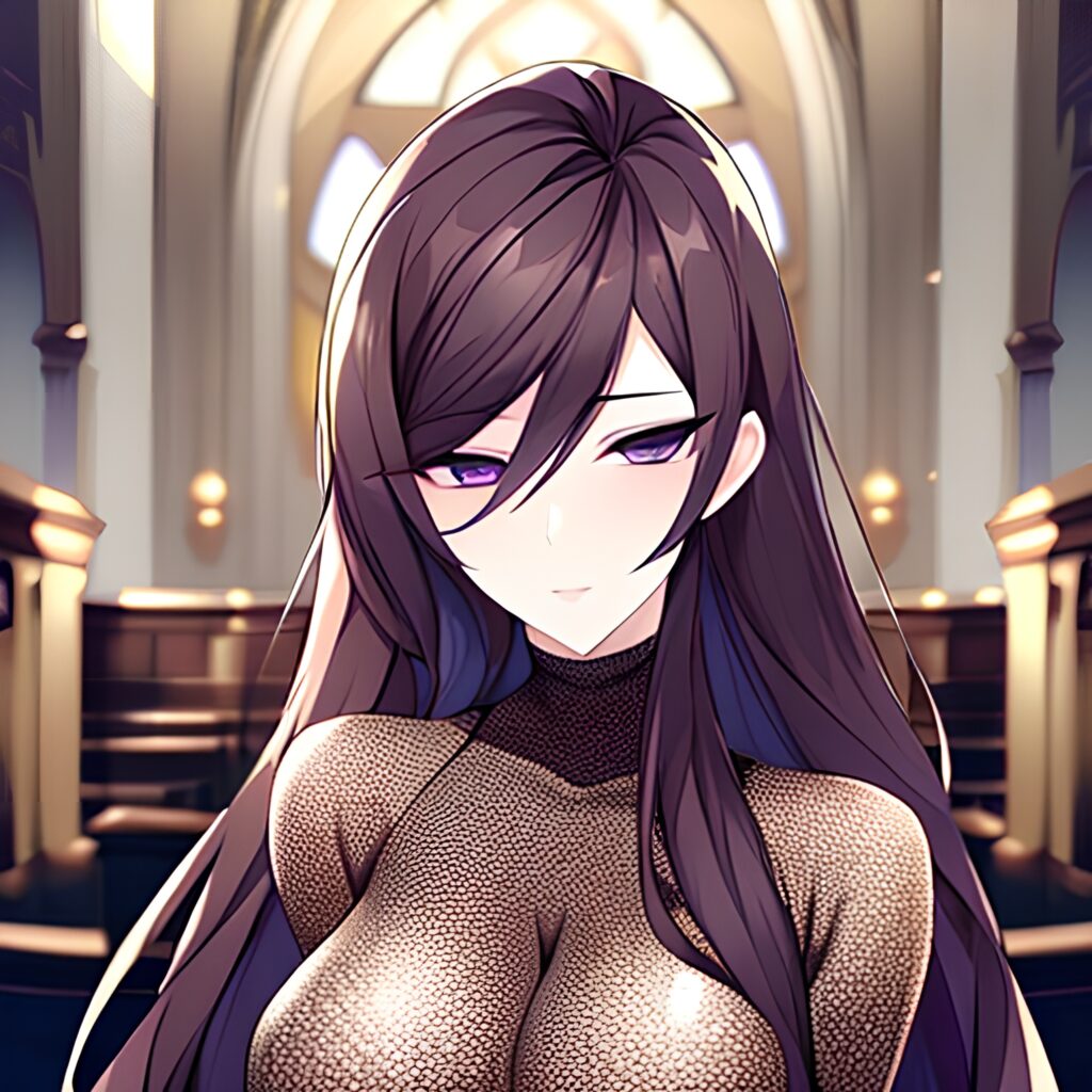 church woman brunette messy hair fishnet long hair 