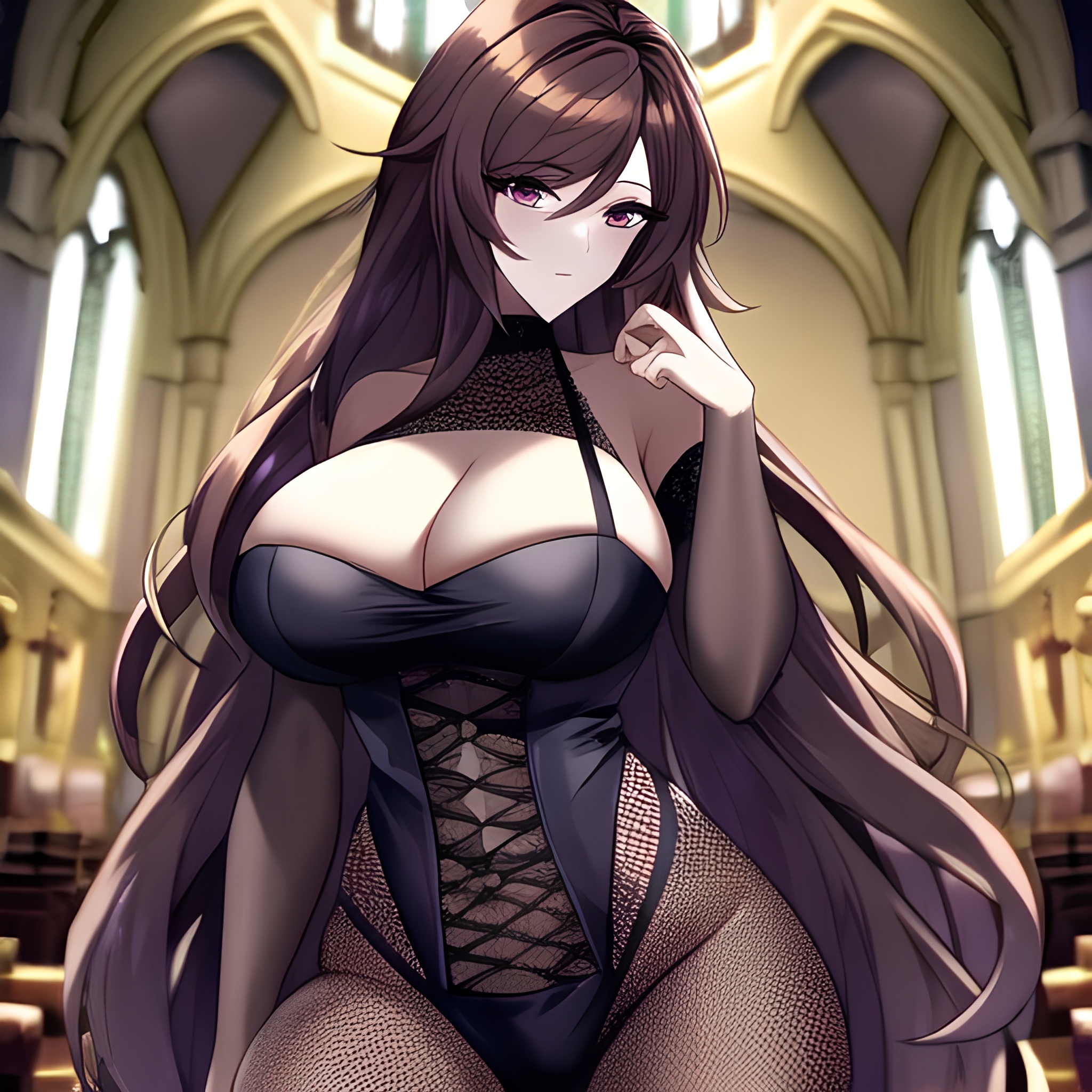 church woman brunette messy hair fishnet long hair 