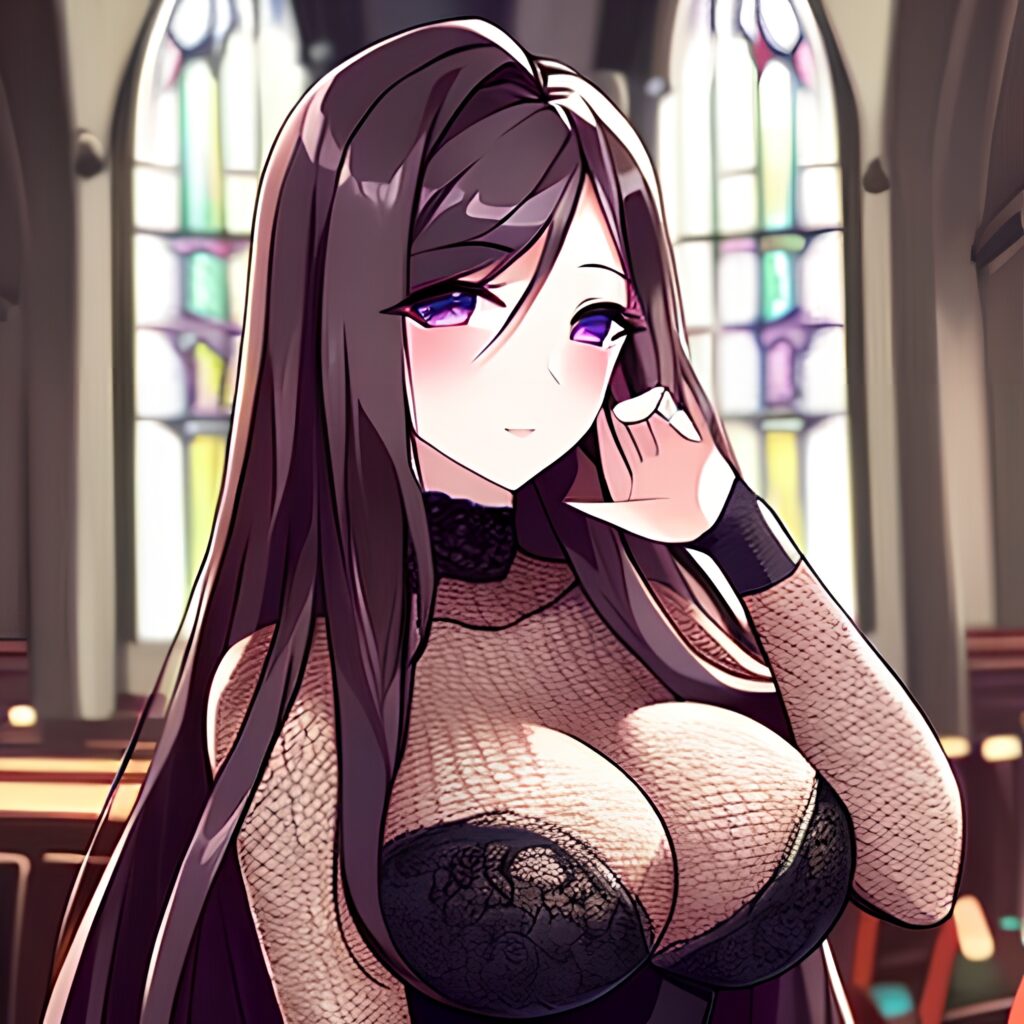 church woman brunette messy hair long hair fishnet 