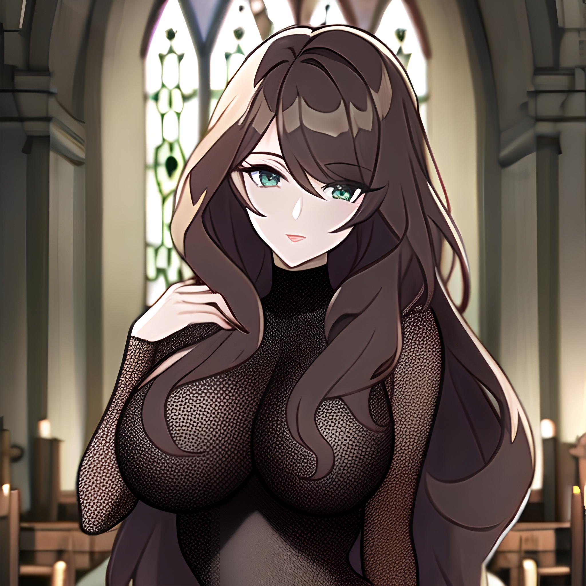 church woman brunette messy hair long hair fishnet 