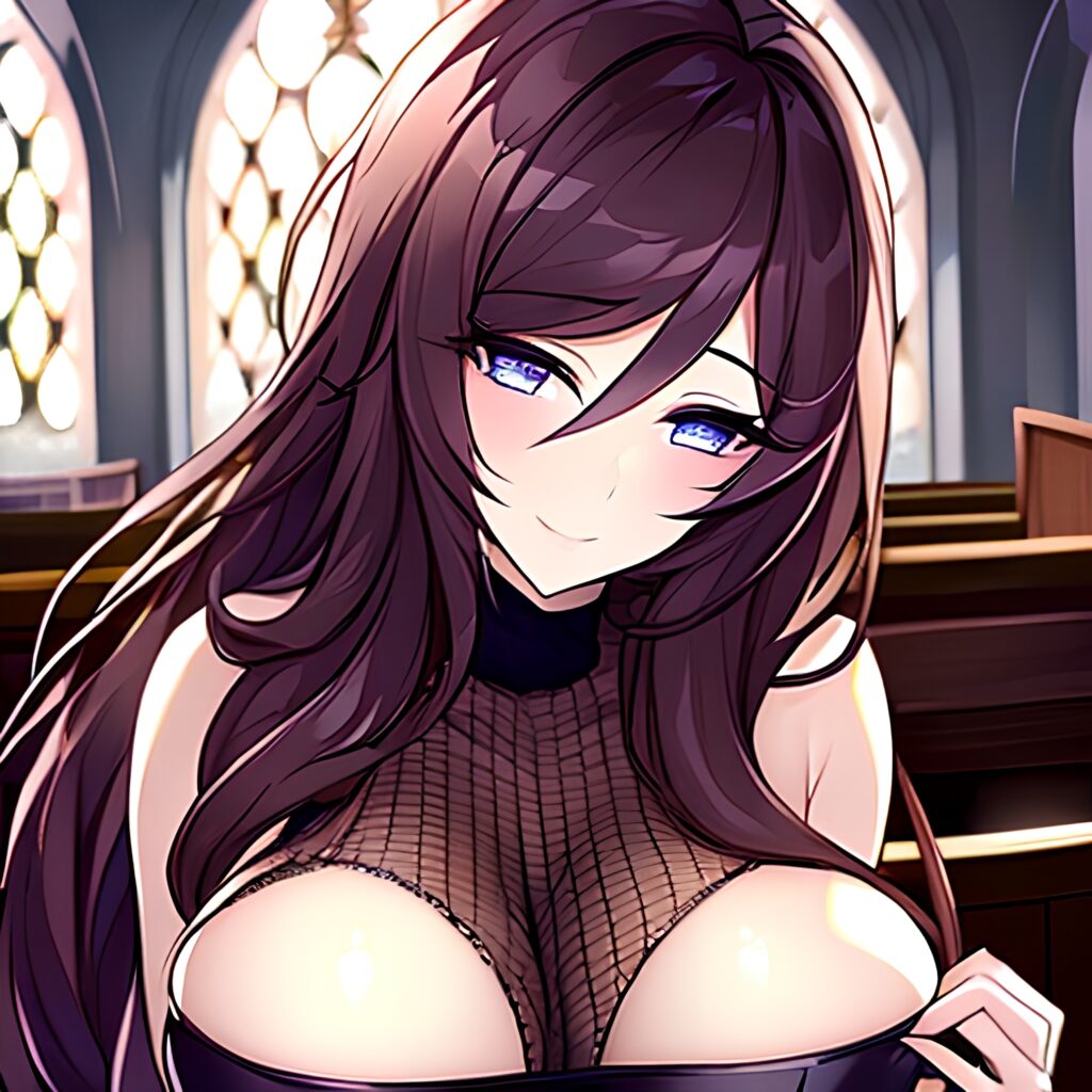 church woman brunette messy hair long hair fishnet 