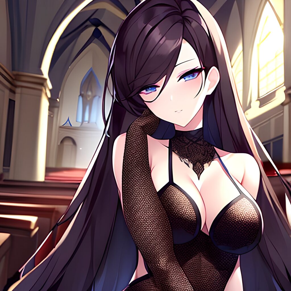 church woman brunette messy hair long hair fishnet 