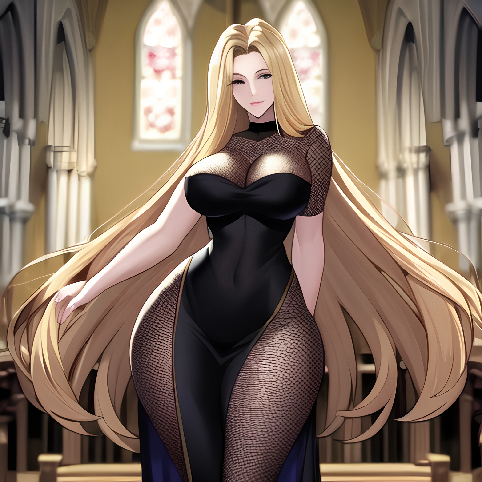 church woman fishnet blonde long hair 