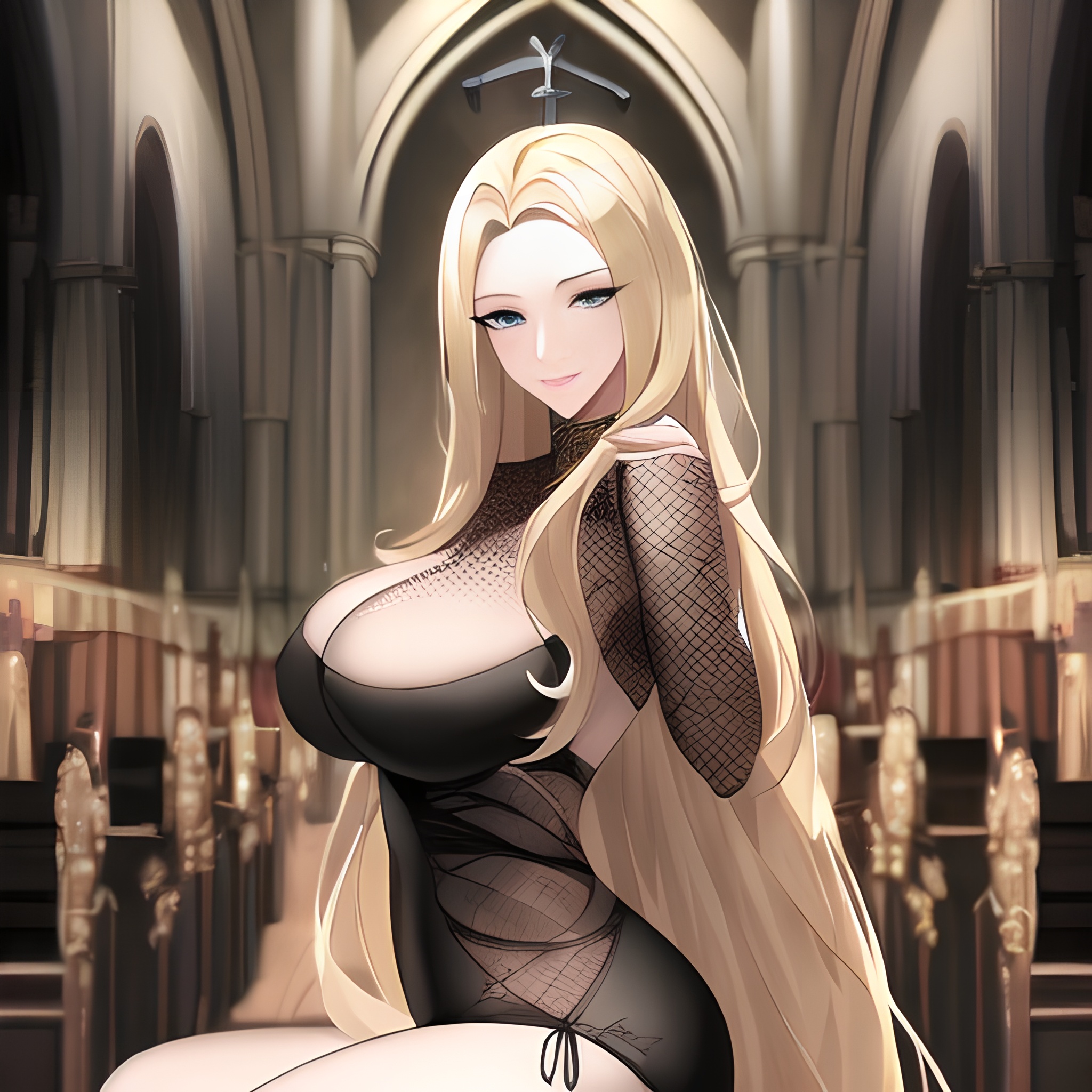 church woman fishnet blonde long hair front view small boobs nude 