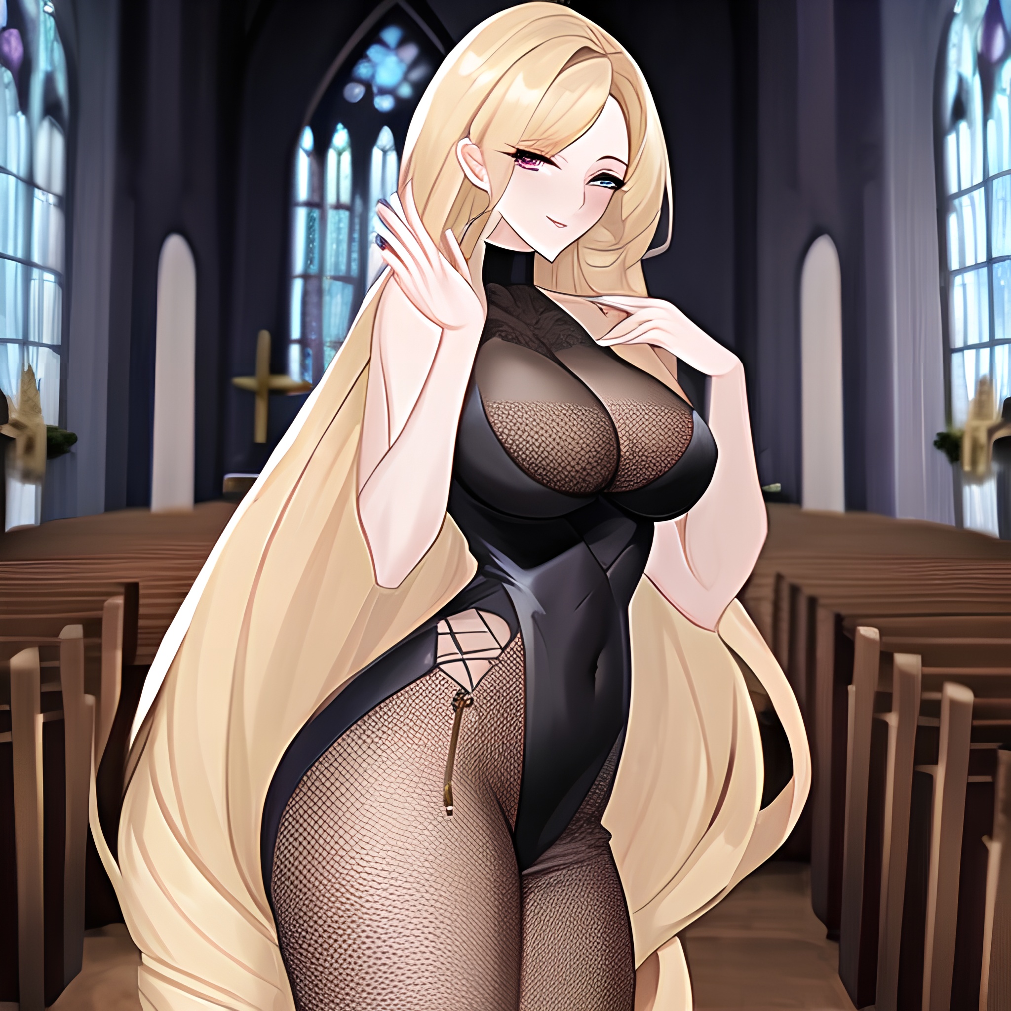 church woman fishnet blonde long hair 