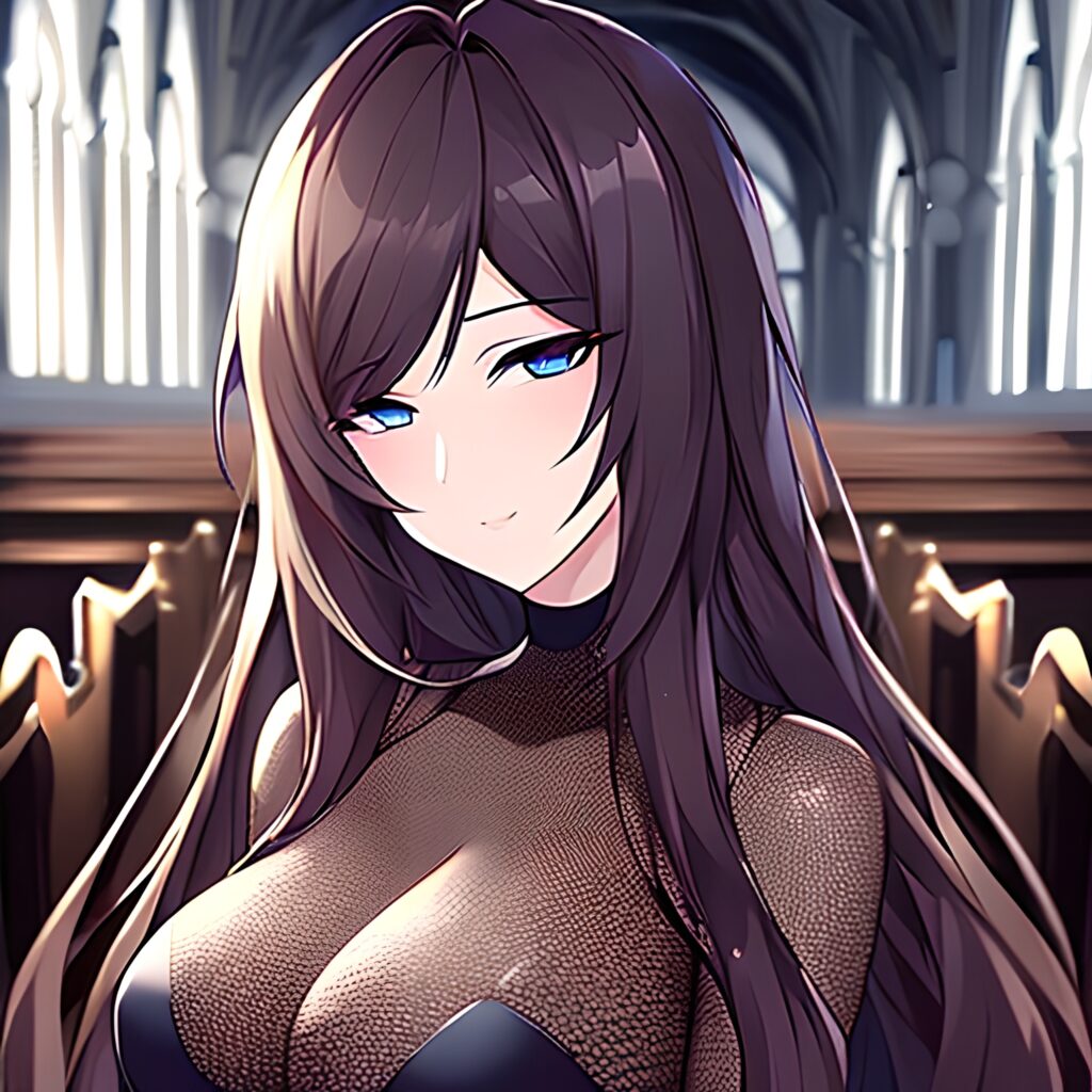 church woman fishnet brunette long hair messy hair 