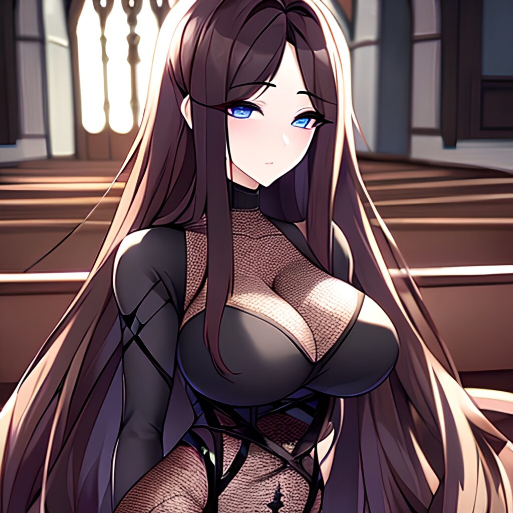 church woman fishnet brunette long hair messy hair 