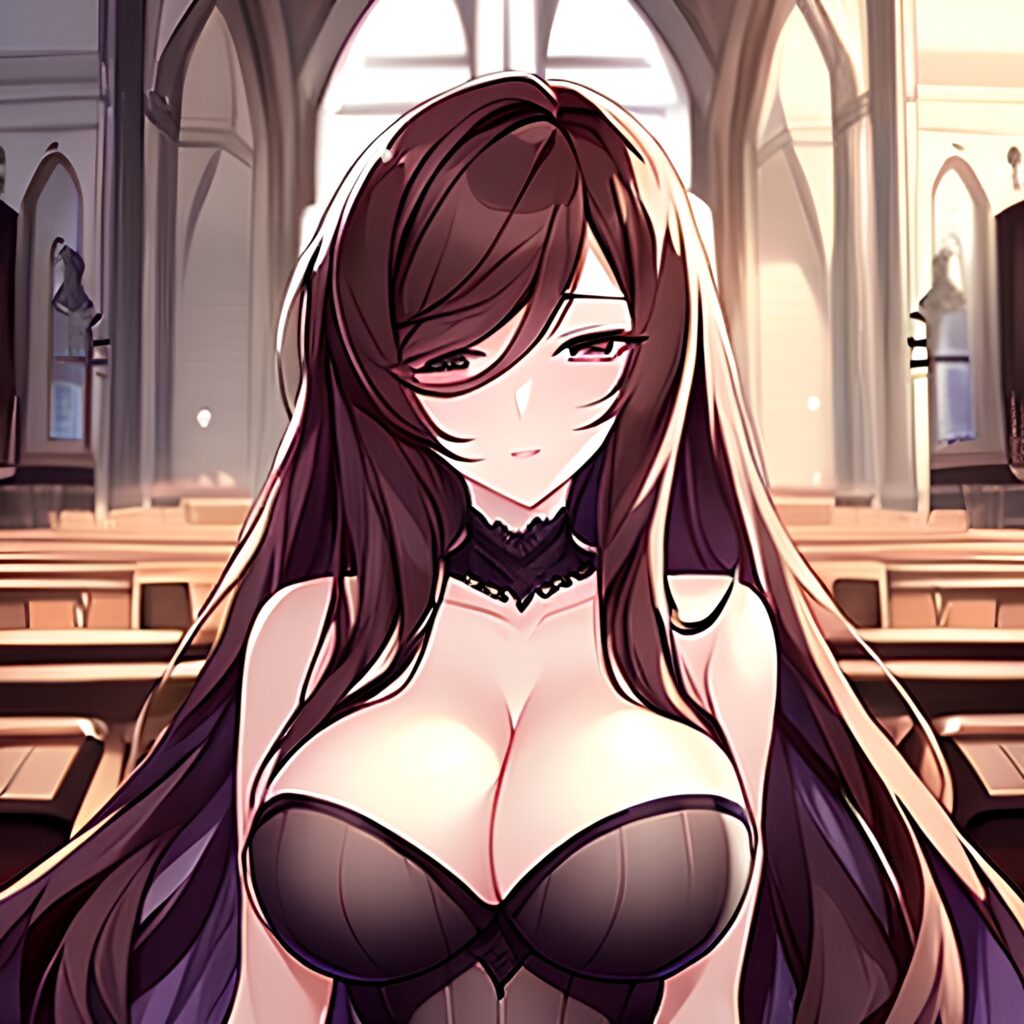 church woman fishnet brunette long hair messy hair 