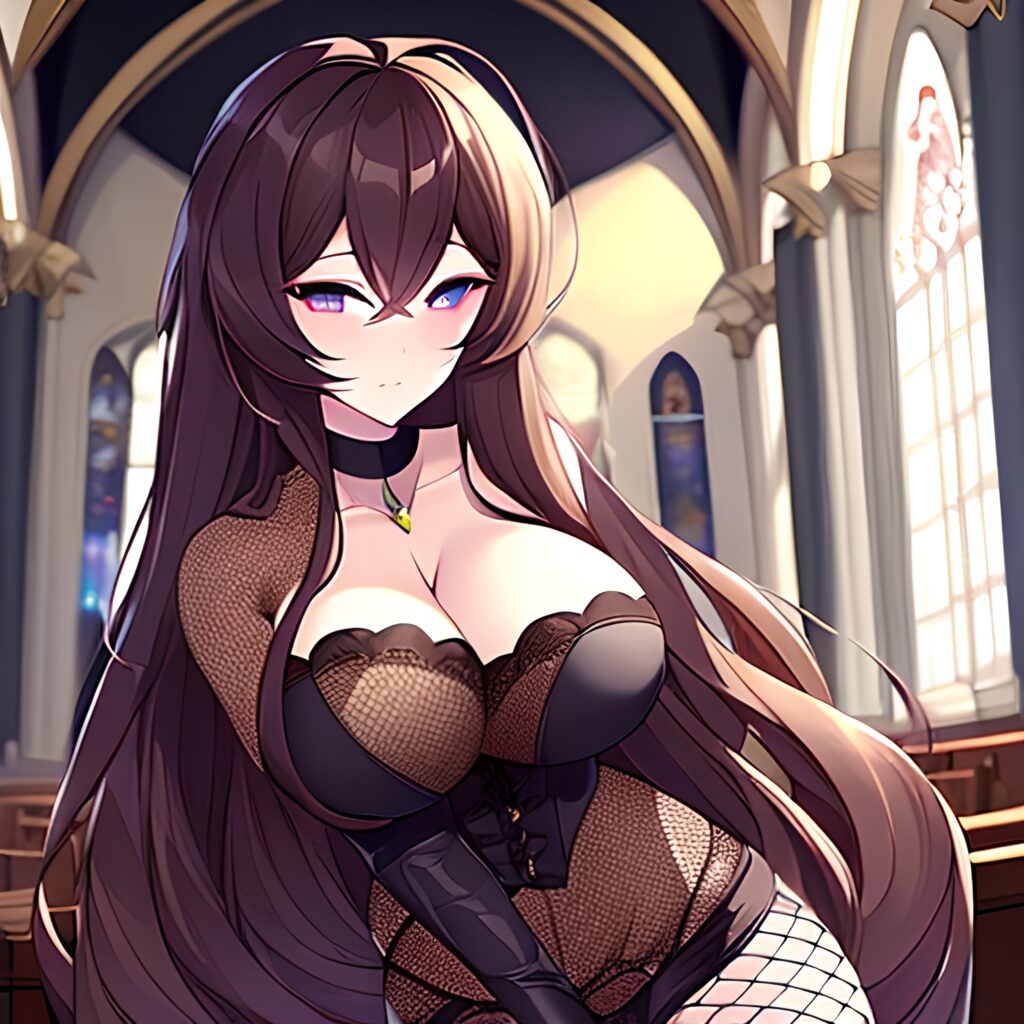 church woman fishnet brunette long hair messy hair 