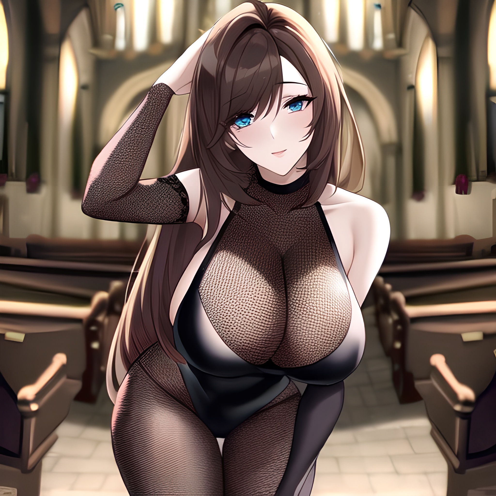 church woman fishnet brunette messy hair long hair 