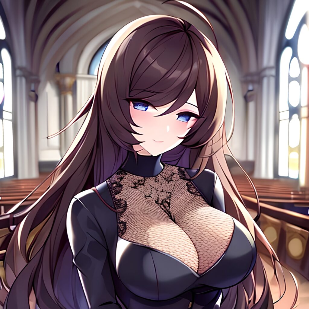 church woman fishnet brunette messy hair long hair 