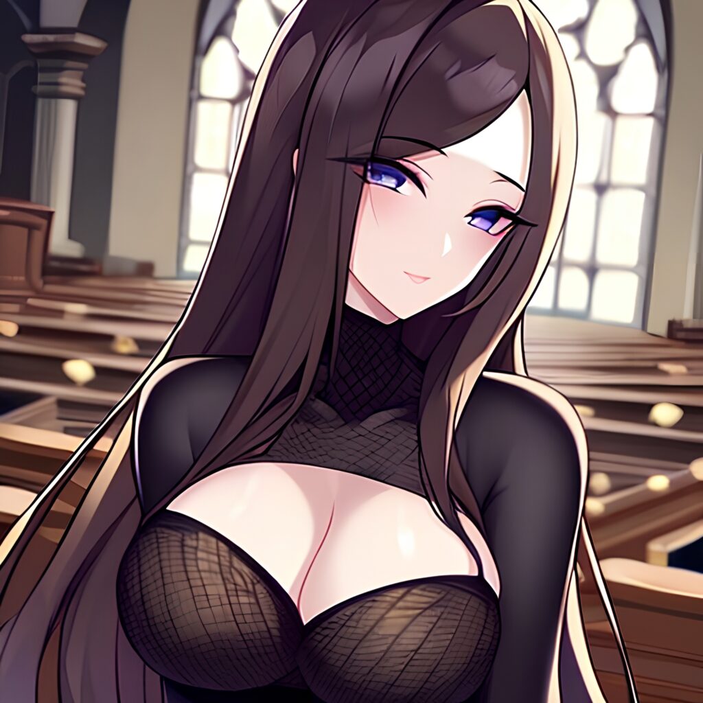church woman fishnet brunette messy hair long hair 