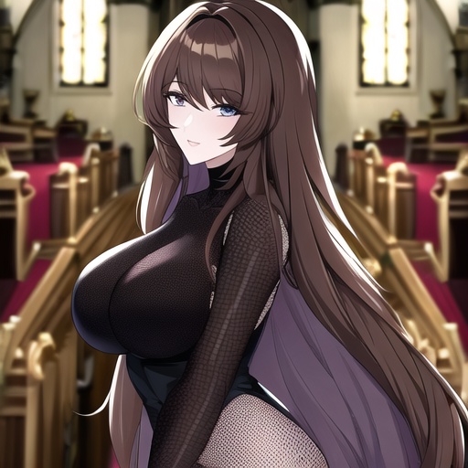 church woman fishnet brunette messy hair long hair 