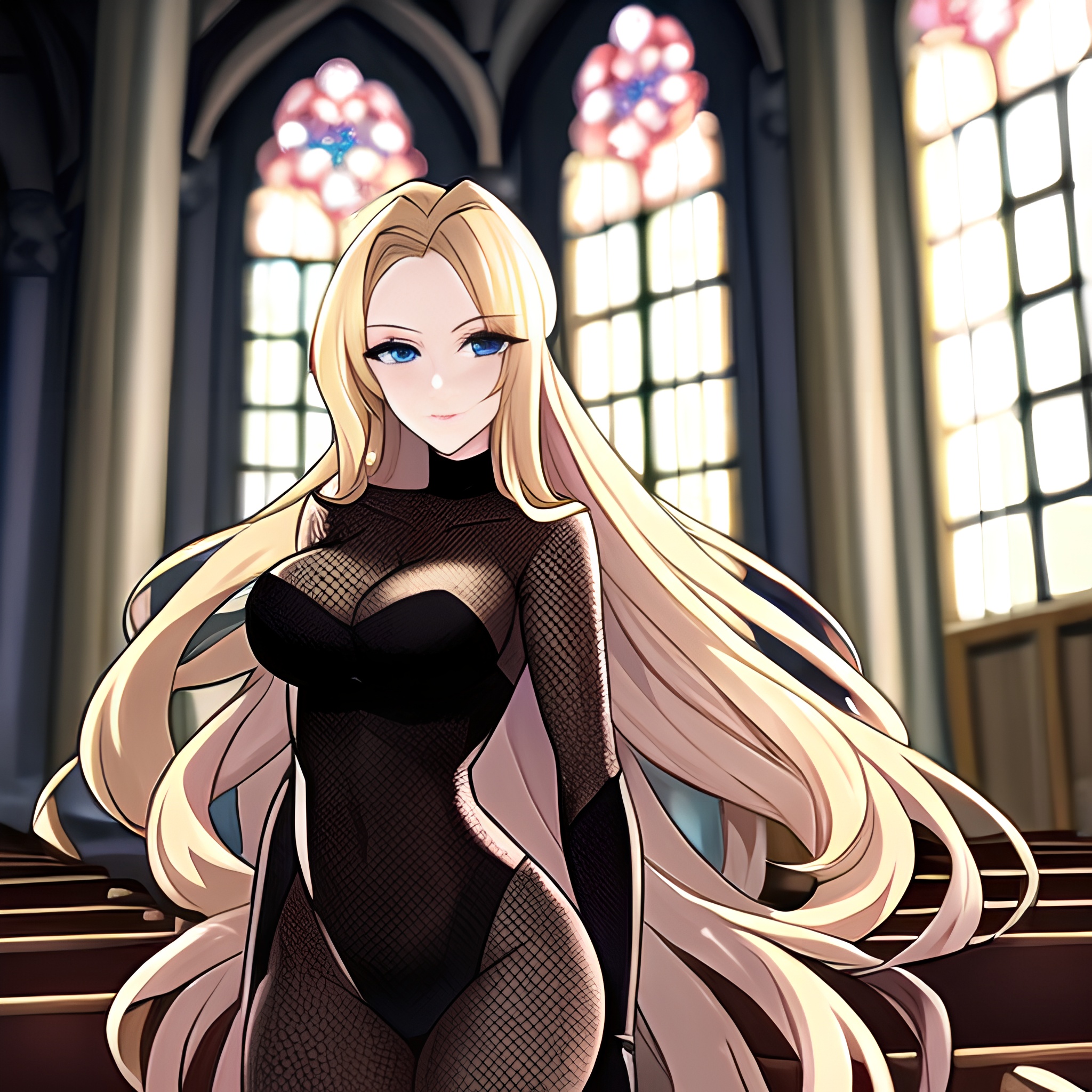 church woman fishnet long hair blonde 