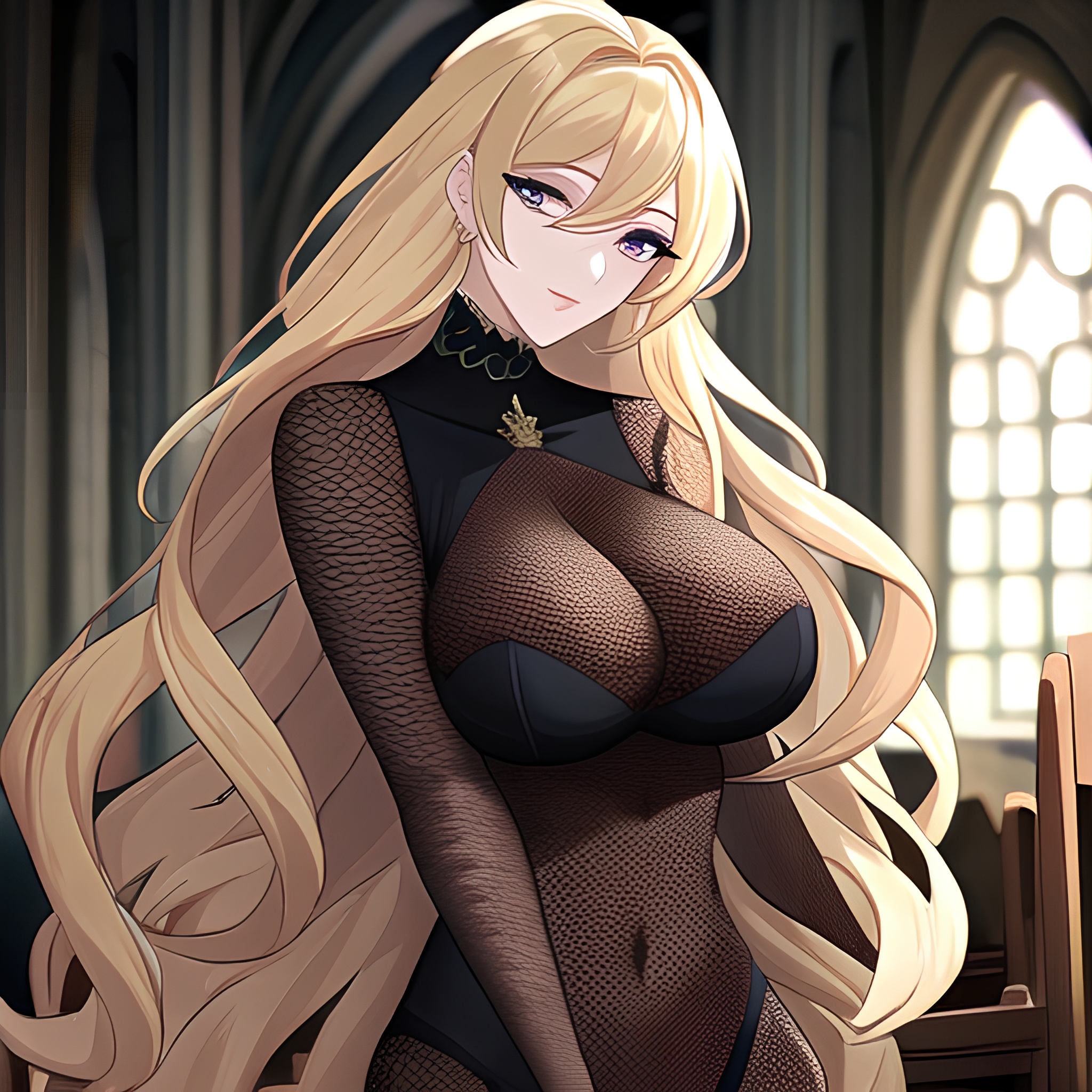 church woman fishnet long hair blonde