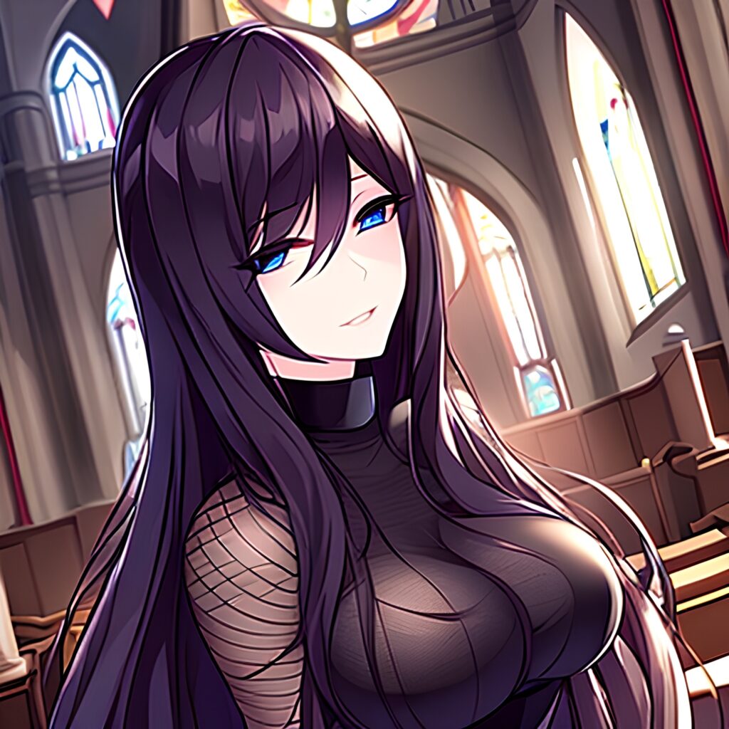 church woman fishnet long hair brunette messy hair 