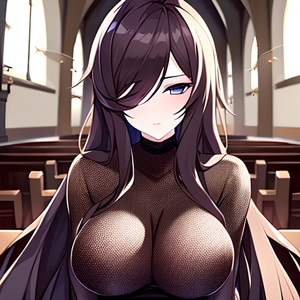 church woman fishnet long hair brunette messy hair 