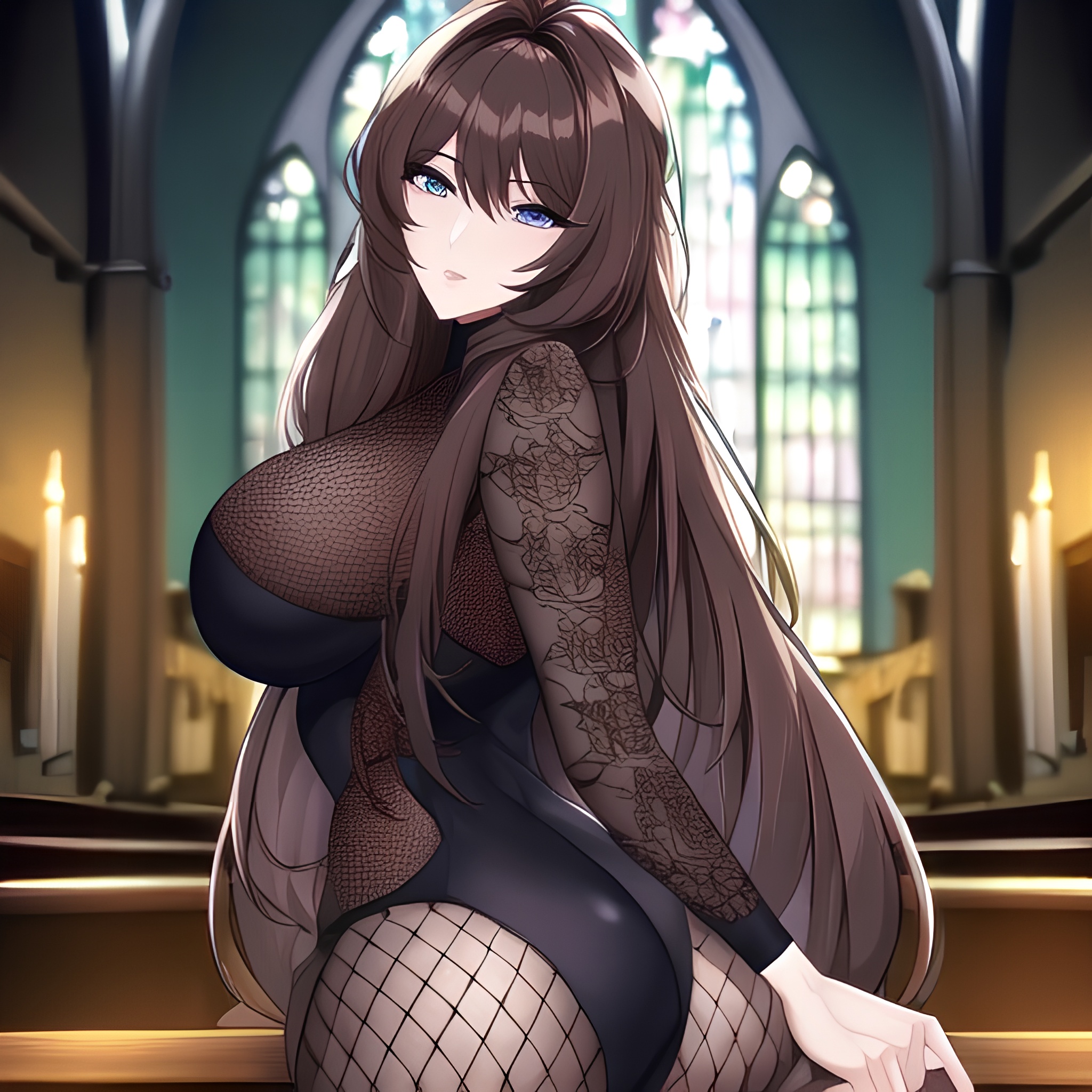 church woman fishnet long hair brunette messy hair 