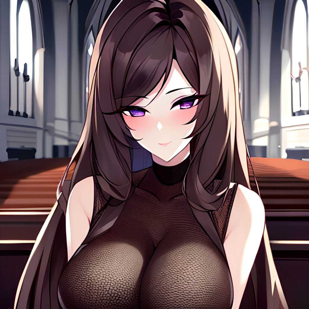 church woman fishnet long hair brunette messy hair 