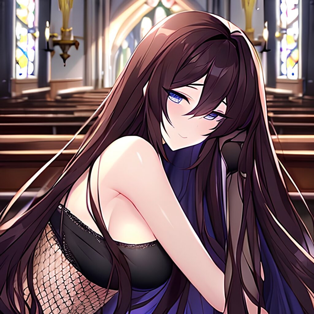 church woman fishnet long hair messy hair brunette 