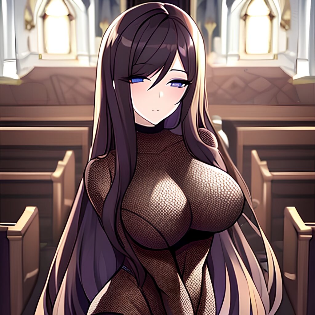 church woman fishnet long hair messy hair brunette 