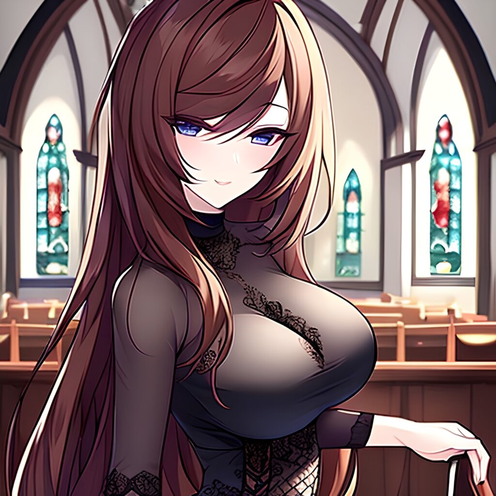 church woman fishnet long hair messy hair brunette 