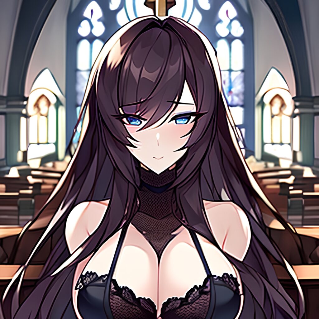 church woman fishnet messy hair brunette long hair