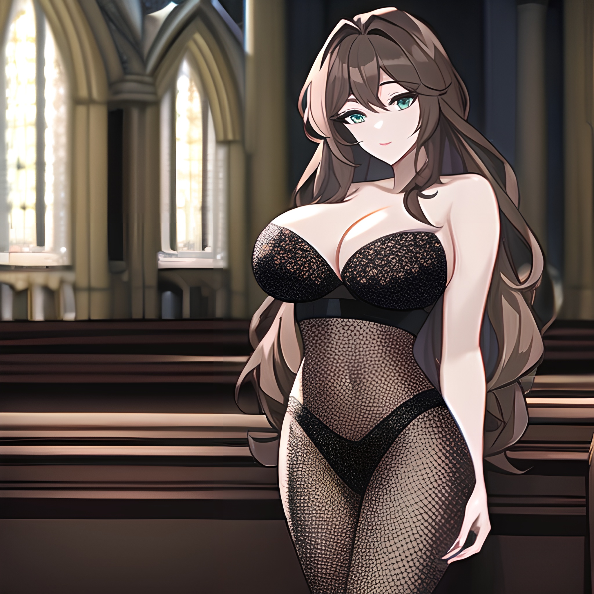 church woman fishnet messy hair brunette long hair