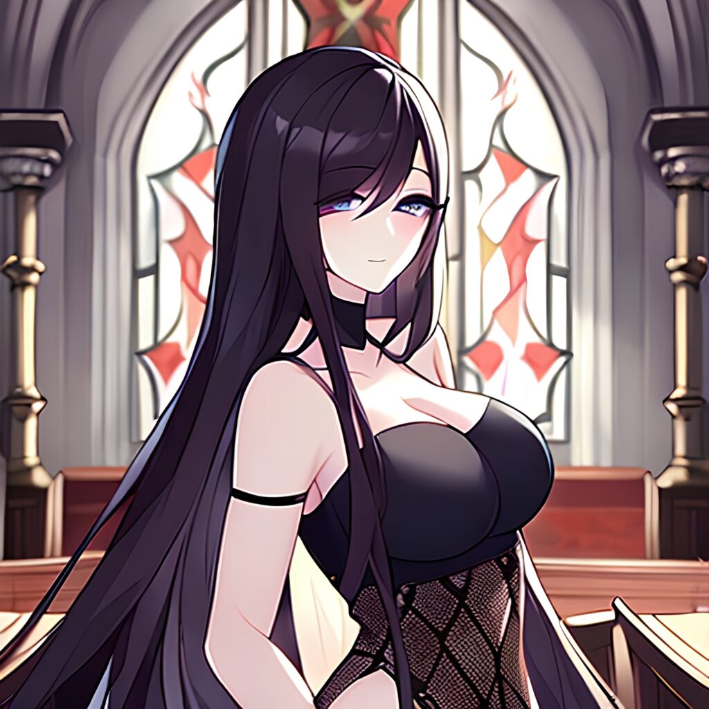 church woman fishnet messy hair brunette long hair 