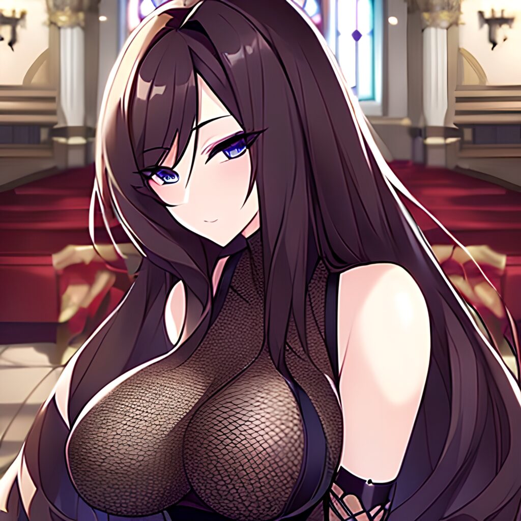 church woman fishnet messy hair long hair brunette 