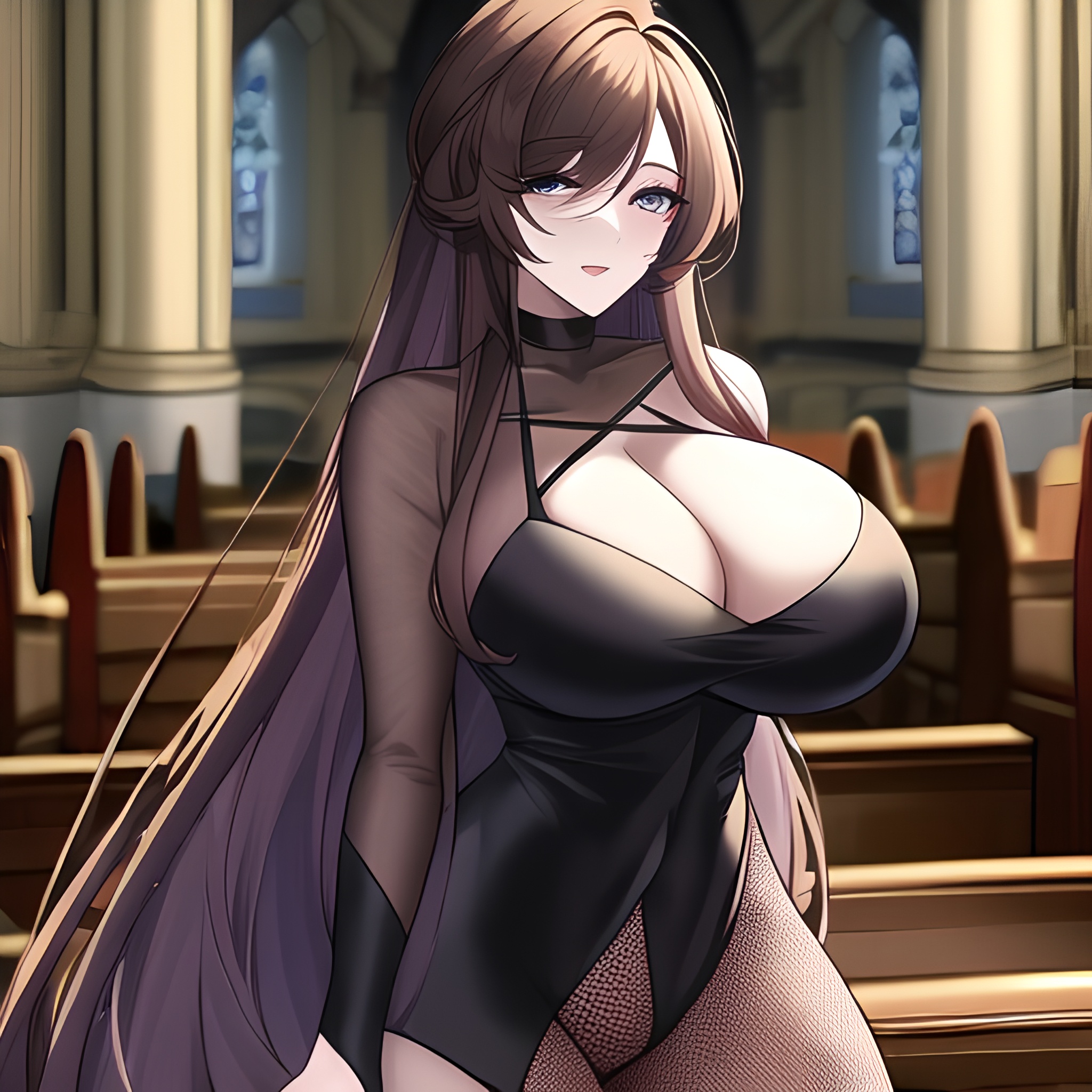 church woman fishnet messy hair long hair brunette 